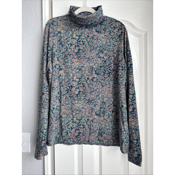 Peruvian Connection Turtleneck Long Sleeve Top Blue Green Floral Pima Cotton XL - Picture 1 of 6
